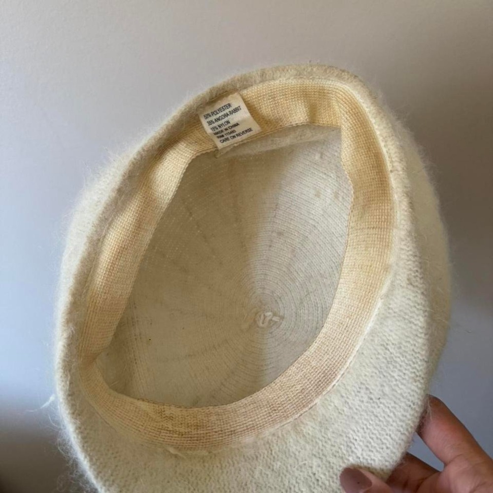 Vintage Y2K Cream Paperboy Hat Angora Fuzzy Fur White Cream Sequin Gold - Picture 3 of 8